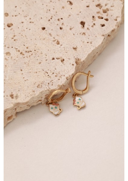 14 Ayar Altın Sallantılı Kedi Figürlü J Küpe