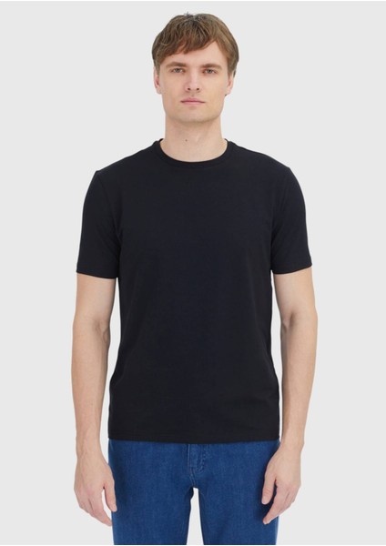 Siyah Düz Bisiklet Yaka Pamuk Karışımlı T-Shirt fiyatları