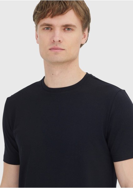 Siyah Düz Bisiklet Yaka Pamuk Karışımlı T-Shirt fırsatları