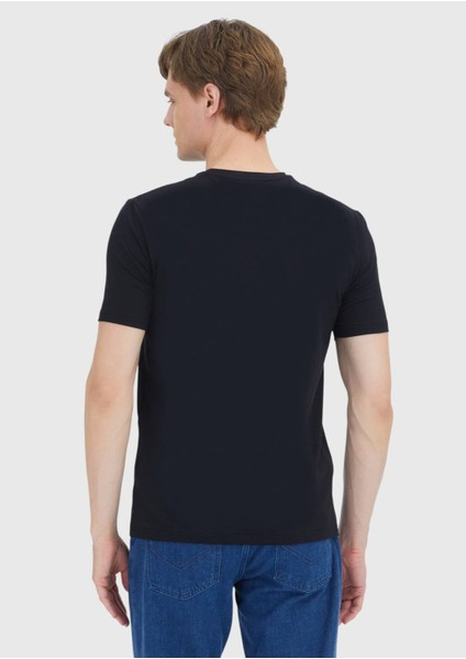 Siyah Düz Bisiklet Yaka Pamuk Karışımlı T-Shirt
