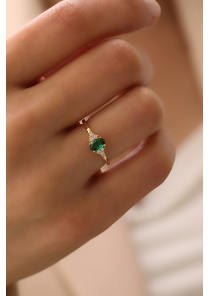 14 Ayar Altın Oval Taşlı Yatay Zümrüt Yüzük fiyatları