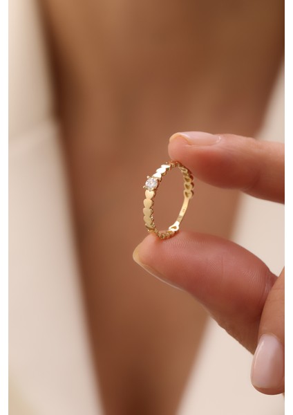 14 Ayar Altın Kalp Detaylı Tektaş Yüzük fiyatları