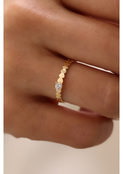 14 Ayar Altın Kalp Detaylı Tektaş Yüzük modelleri