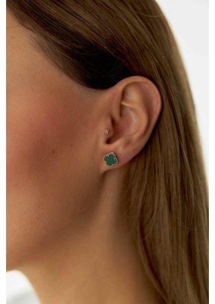 14 Ayar Altın Yeşil Yonca Küpe