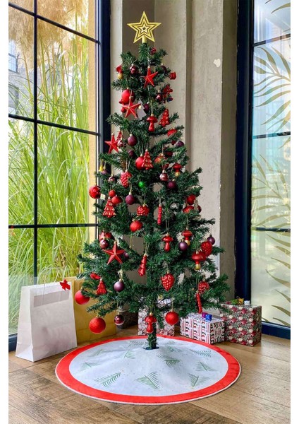 Yılbaşı Ağacı Altı Örtüsü | Yılbaşı Desenli Çam Ağacı Ayak Örtüsü Dot Tabanlı Halı | PAR0359