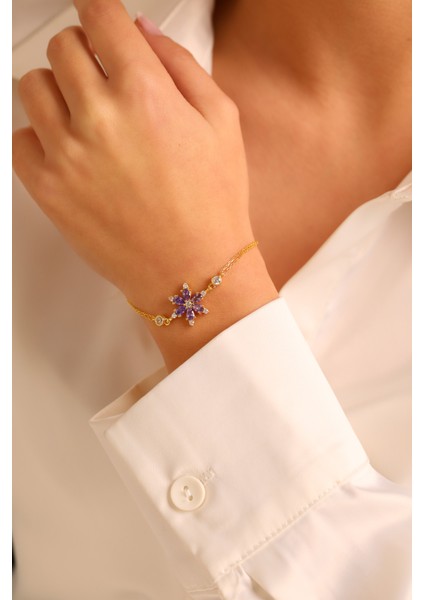 (Premium Işıklı Kutulu) 925 Ayar Gümüş Mor Taşlı Lotus Çiçeği Kadın Bileklik modelleri