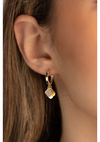 14 Ayar Altın Taşlı Yonca Küpe