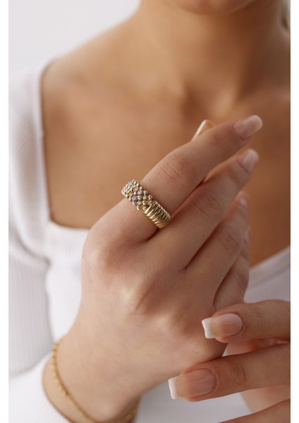 14 Ayar Altın Iki Desen Üç Renk Dorika Yüzük