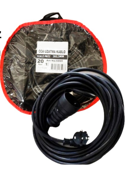 20 Metre Cca Elektrik Tek Priz 3x2,5 mm Çantalı Uzatma Ara Kablo