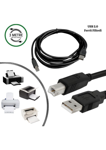 Gabble USB 2.0 Yüksek Hızlı Yazıcı Kablosu 3 Metre (Ferrit Filtreli) Pc Printer Bağlantı Kablosu