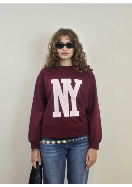 Kadın Bisiklet Yaka Baskılı Uzun Kollu Oversize Sweatshirt