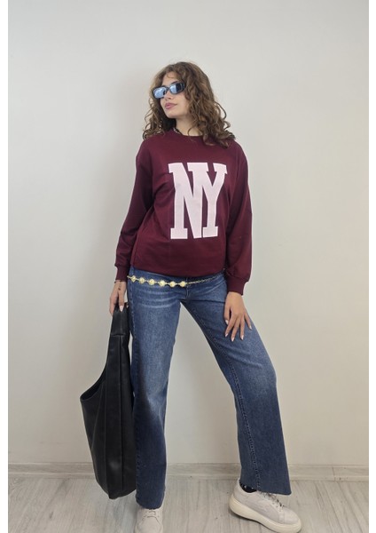 Kadın Bisiklet Yaka Baskılı Uzun Kollu Oversize Sweatshirt fiyatları