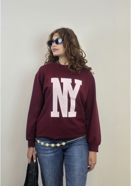Kadın Bisiklet Yaka Baskılı Uzun Kollu Oversize Sweatshirt