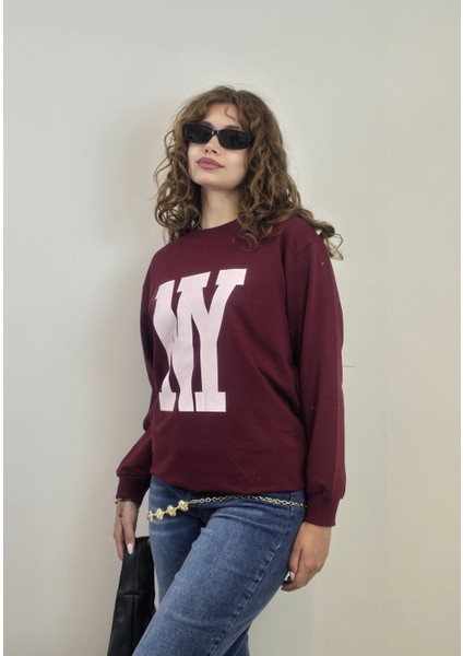 Kadın Bisiklet Yaka Baskılı Uzun Kollu Oversize Sweatshirt