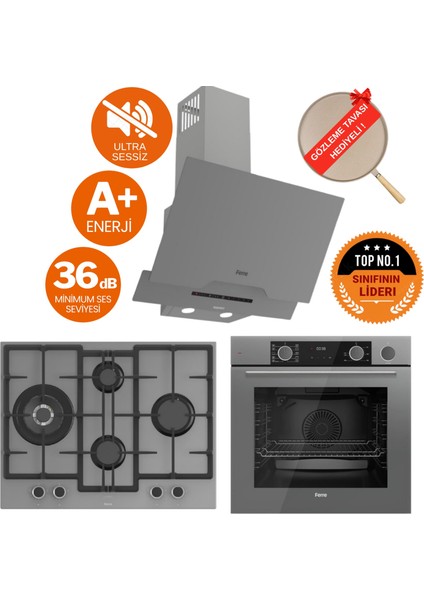 Fryart&silentart-Steamart Og Sessiz Antrasit Gri Ankastre Set (D065-SA+XE64CPR+ED078-WFA Wok)