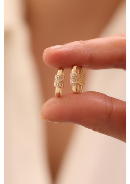 14 Ayar Altın Dikdörtgen Taşlı Halka Küpe