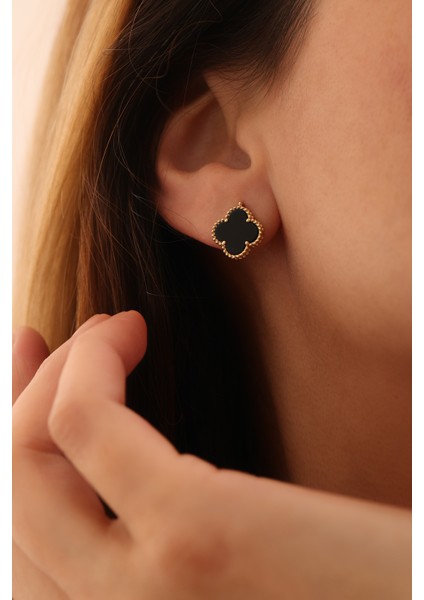 14 Ayar Altın Siyah Yonca Top Küpe