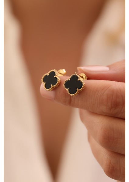 14 Ayar Altın Siyah Yonca Top Küpe modelleri