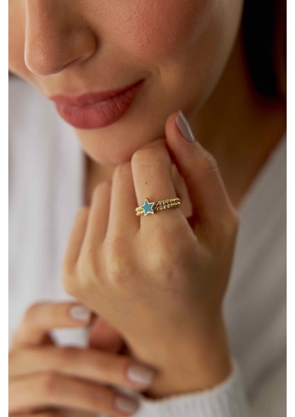 14 Ayar Altın Mavi Mineli Yıldız Yüzük