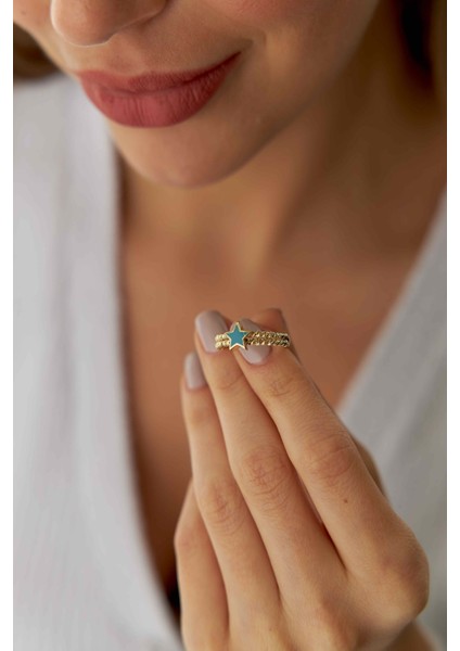 14 Ayar Altın Mavi Mineli Yıldız Yüzük modelleri