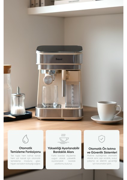 Espresso Latte Cappuccino Kahve Makinesi Tam Otomatik Süt Tanklı 20BAR Basınçlı Lavante Krem