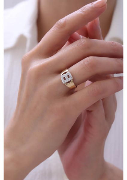 14 Ayar Altın Düz Model Taşlı Harf Yüzük modelleri