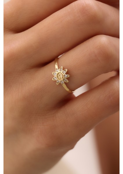 14 Ayar Altın Gülen Yüz Çiçek Yüzük modelleri