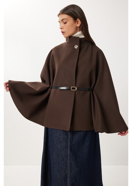 Kemerli Düğmeli Kaşe Panço LNT0013 Kahverengi