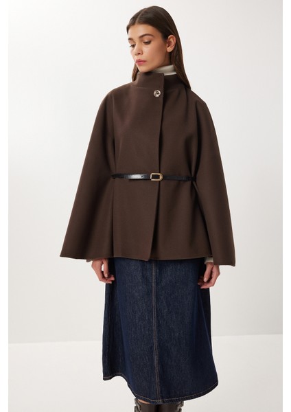 Kemerli Düğmeli Kaşe Panço LNT0013 Kahverengi fiyatları