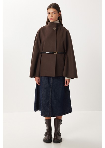 Kemerli Düğmeli Kaşe Panço LNT0013 Kahverengi modelleri