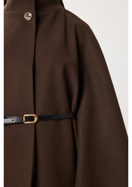 Kemerli Düğmeli Kaşe Panço LNT0013 Kahverengi fırsatları