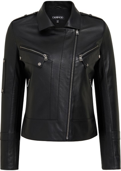 Roma Kadın Siyah Biker Deri Ceket 25WGD5609U4