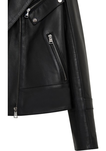 Roma Kadın Siyah Biker Deri Ceket 25WGD5609U4