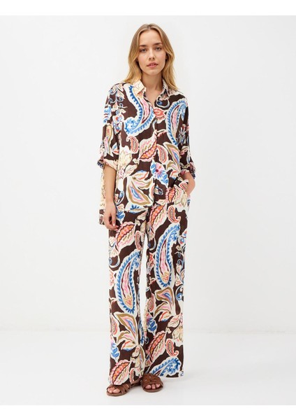 Kahverengi Bol Paça Normal Bel Çiçek Desenli Dokuma Pantolon