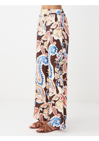 Kahverengi Bol Paça Normal Bel Çiçek Desenli Dokuma Pantolon fırsatları