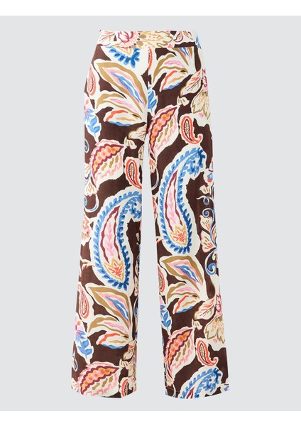 Kahverengi Bol Paça Normal Bel Çiçek Desenli Dokuma Pantolon
