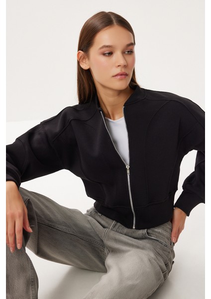 Fermuarlı Şardonlu Örme Sweatshirt LAN0085 Siyah