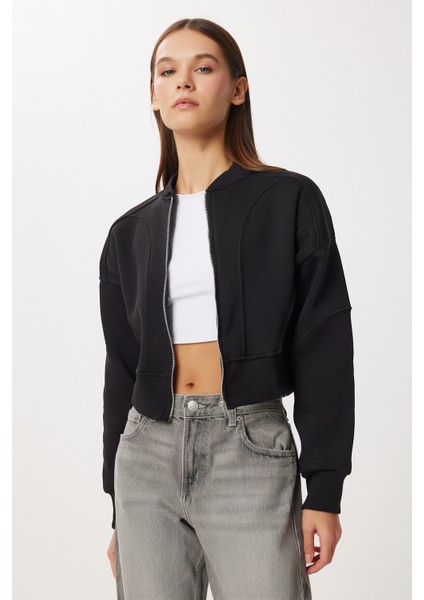 Fermuarlı Şardonlu Örme Sweatshirt LAN0085 Siyah modelleri