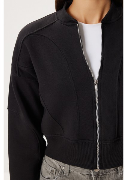 Fermuarlı Şardonlu Örme Sweatshirt LAN0085 Siyah fırsatları