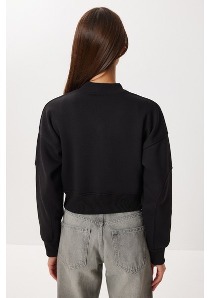 Fermuarlı Şardonlu Örme Sweatshirt LAN0085 Siyah indirimleri