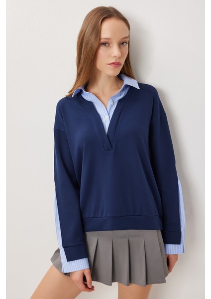 Gömlek Yaka Modal Sweatshirt LXA0018 Lacivert