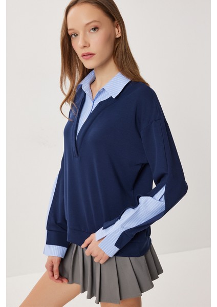 Gömlek Yaka Modal Sweatshirt LXA0018 Lacivert fiyatları