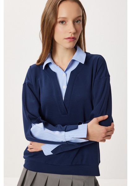 Gömlek Yaka Modal Sweatshirt LXA0018 Lacivert modelleri