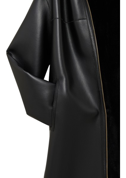 Artesina Kadın Siyah Kapüşonlu Teddy Deri Kaban 24WGP5287FF