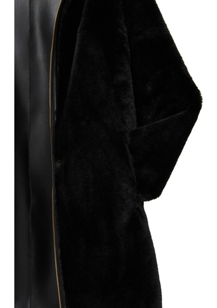 Artesina Kadın Siyah Kapüşonlu Teddy Deri Kaban 24WGP5287FF