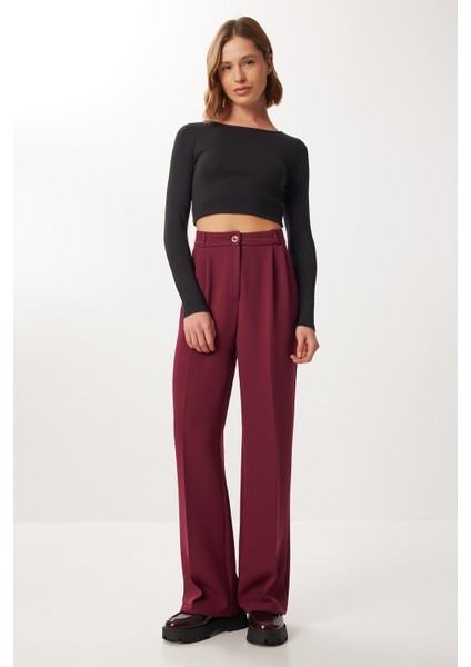 Pileli Dokuma Palazzo Pantolon LDW0010 Bordo