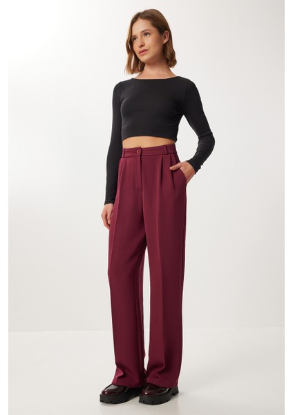 Pileli Dokuma Palazzo Pantolon LDW0010 Bordo fiyatları