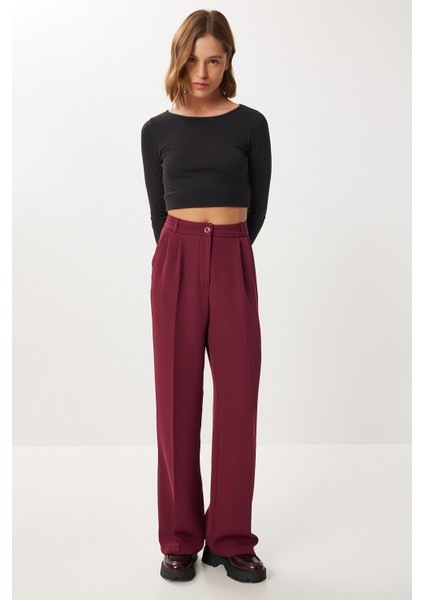 Pileli Dokuma Palazzo Pantolon LDW0010 Bordo modelleri