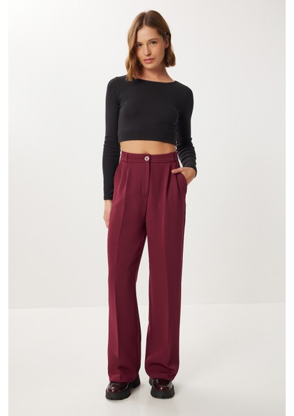 Pileli Dokuma Palazzo Pantolon LDW0010 Bordo fırsatları