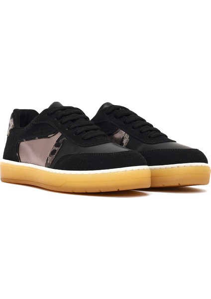 Kadın Siyah Bağcıklı Kalın Tabanlı Desenli Deri Sneaker 25AFE145314 modelleri